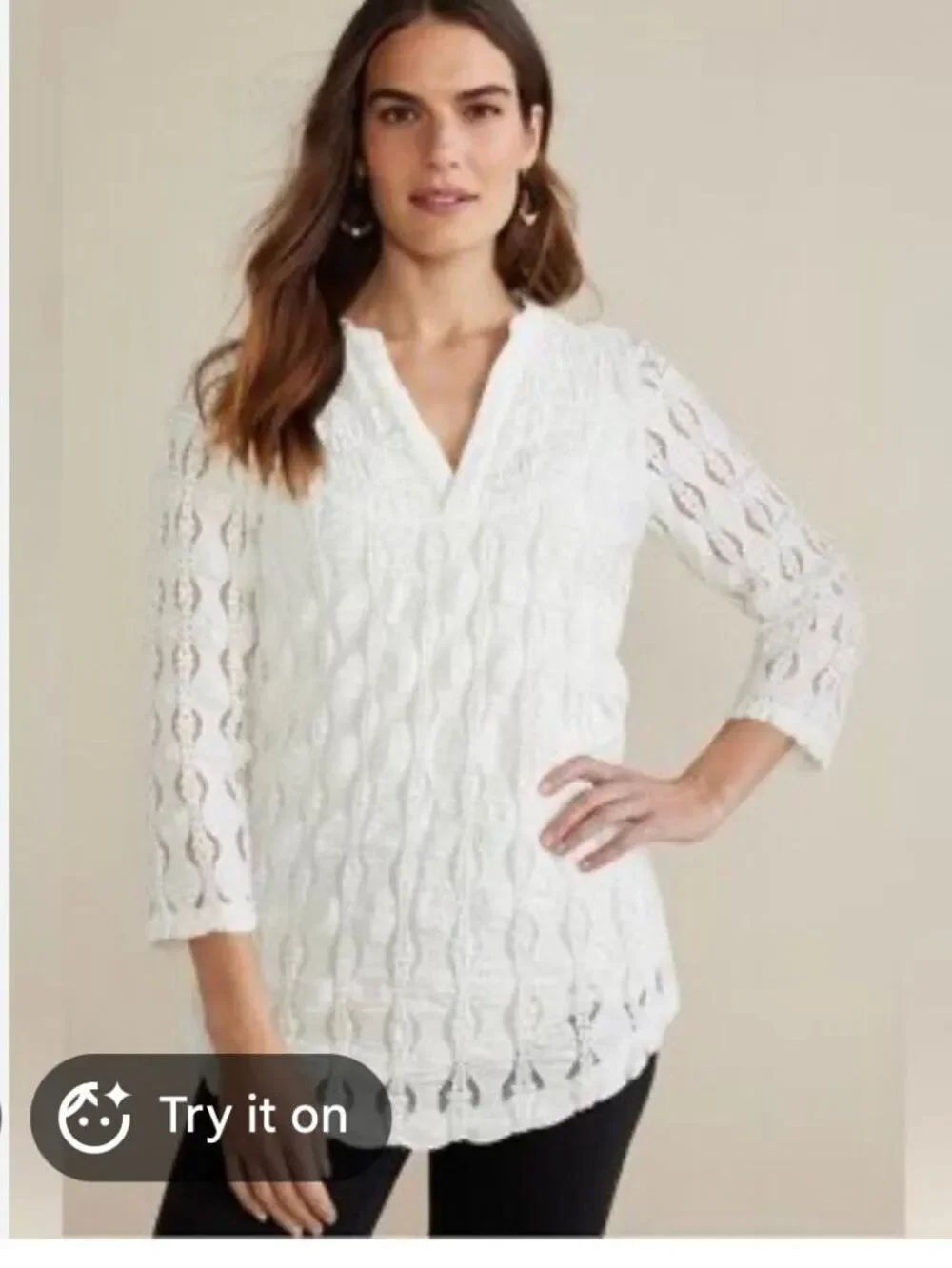 Soft Surroundings Priya White Knit Lace V-Neck Tunic sz 3X EUC